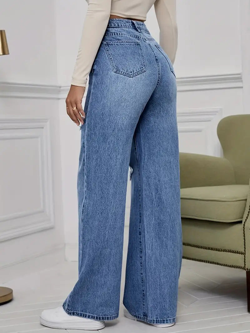 Damen Weite Jeans mit schicken Rissdetails und hohem Bund R&B