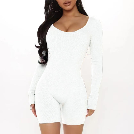 Damen Figurbetonter Jumpsuit mit langen Ärmeln und V-Ausschnitt R&B