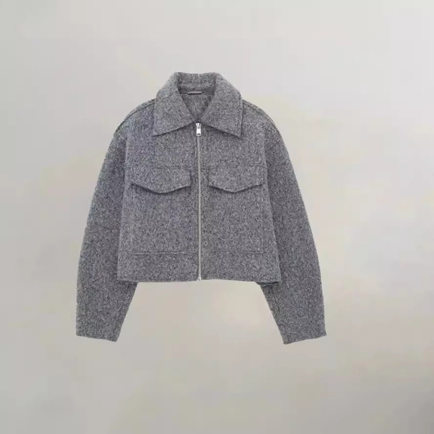 Damen cropped Winterjacke mit klassischem Kragen und Brusttaschen R&B