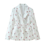 Damen modische Blazerjacke mit floralem Muster und Taillengürtel R&B