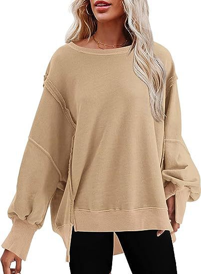 Damen lässiger Sweatshirt mit Ballonärmeln und seitlichen Schlitzen R&B