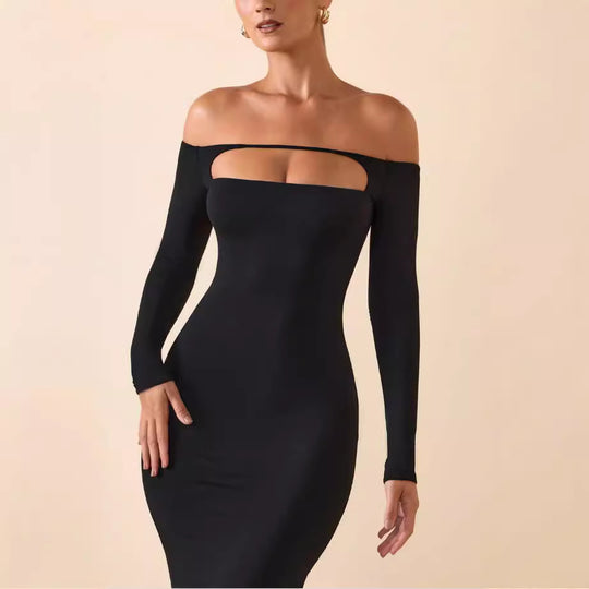 Damen Figurbetontes Langarmkleid mit Cut-Out-Design und schulterfreiem Stil R&B