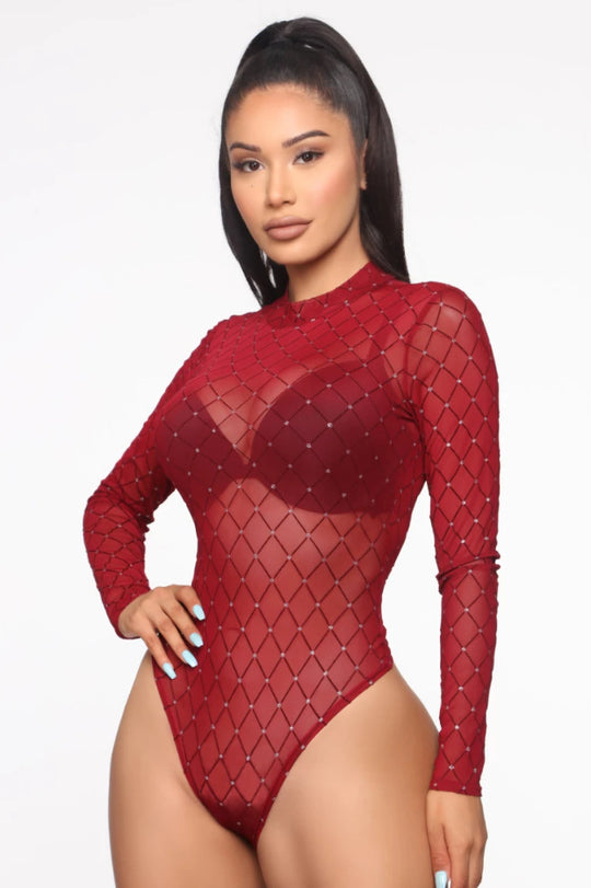 Damen Langärmeliger Bodysuit mit funkelndem Netzdesign R&B
