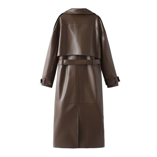 Damen Kunstleder-Trenchcoat mit elegantem Schnitt und taillierbarem Gürtel R&B