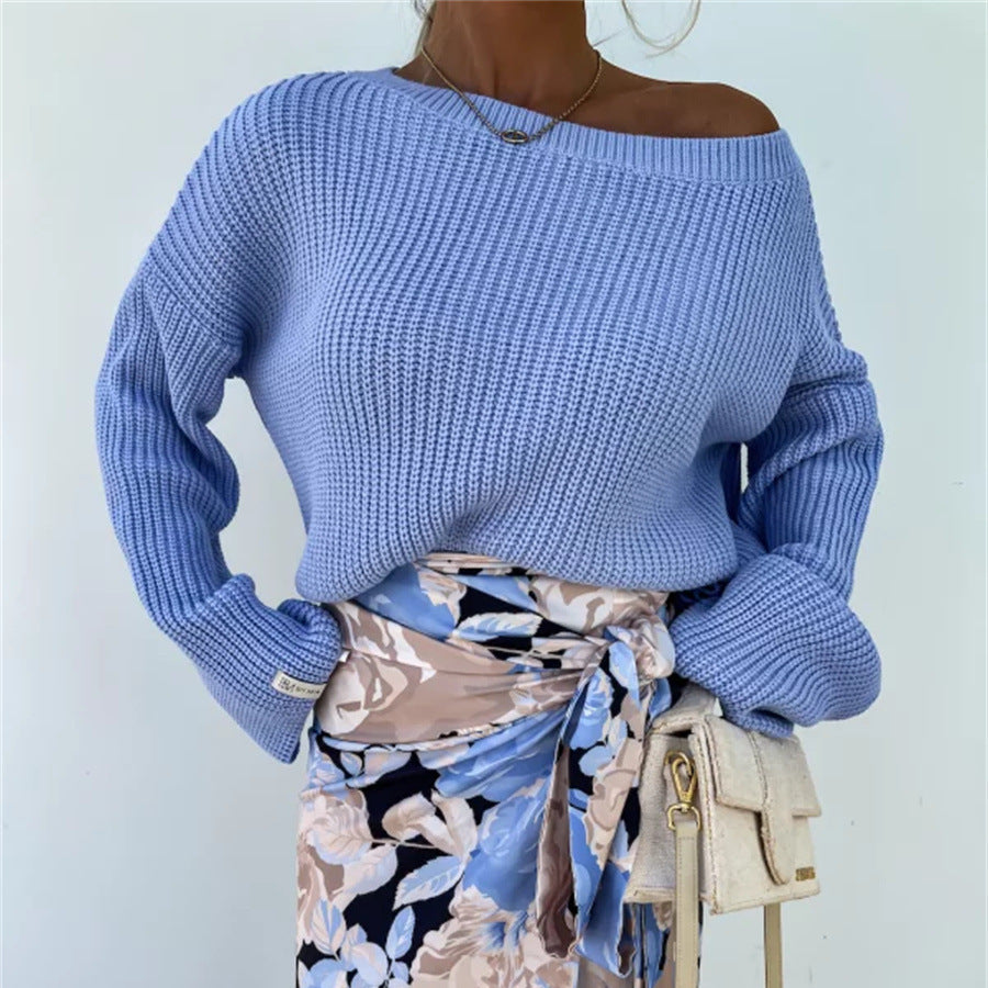 Damen gemütlicher Strickpullover mit weitem Schnitt und offener Schulter R&B