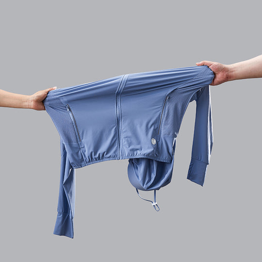 Damen nan leichte UV-Schutz Sonnenjacke mit Kapuze atmungsaktivem Funktionsstoff und Reißverschlusstaschen R&B