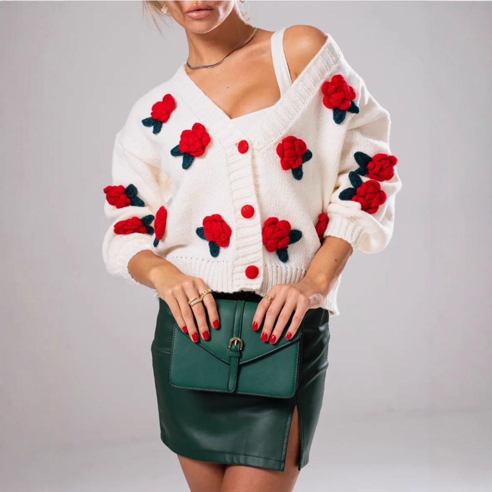 Damen Kuscheliger Strickcardigan mit floralen Applikationen und oversized Schnitt