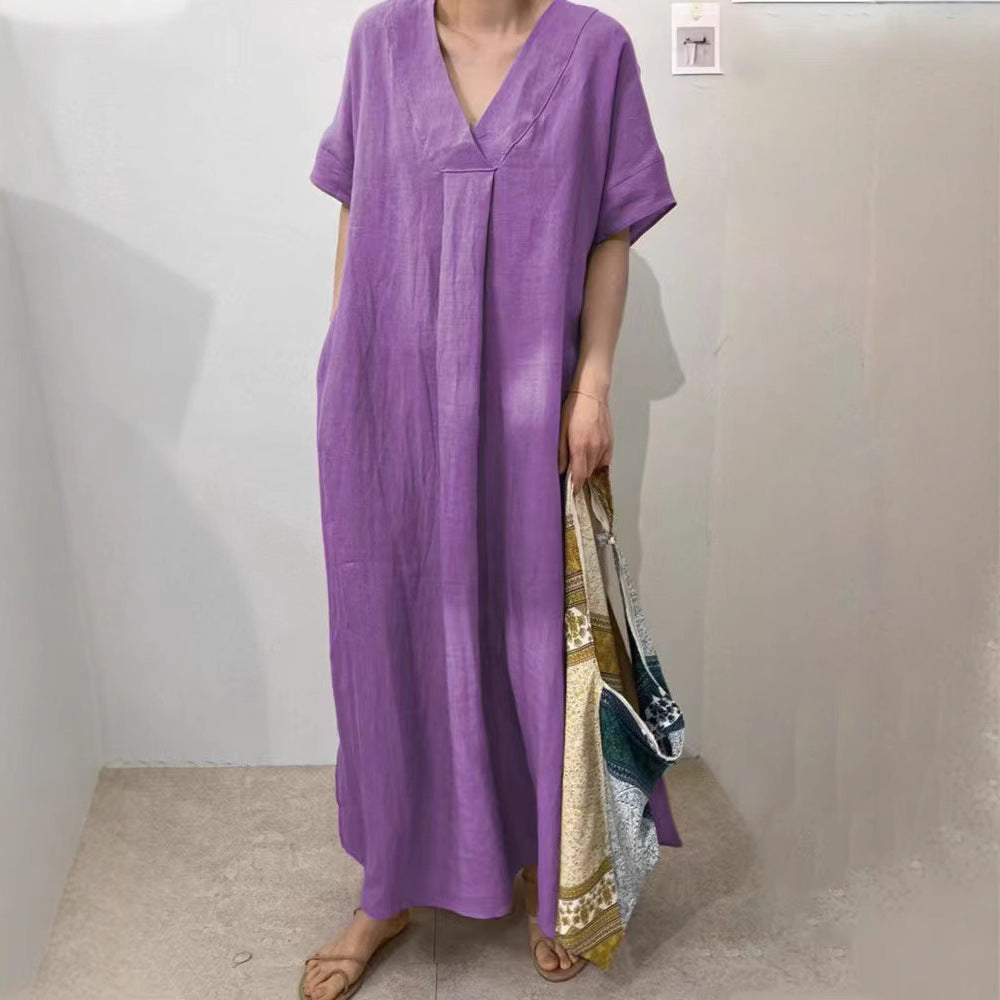 Damen Langes Leinenkleid mit V-Ausschnitt und lässigem Schnitt R&B
