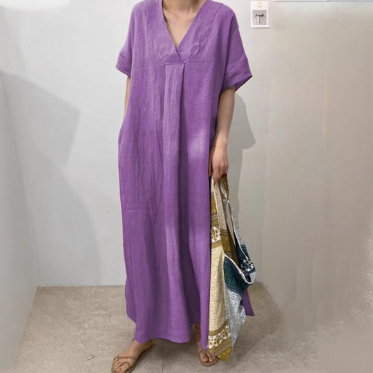 Damen Langes Leinenkleid mit V-Ausschnitt und lässigem Schnitt R&B