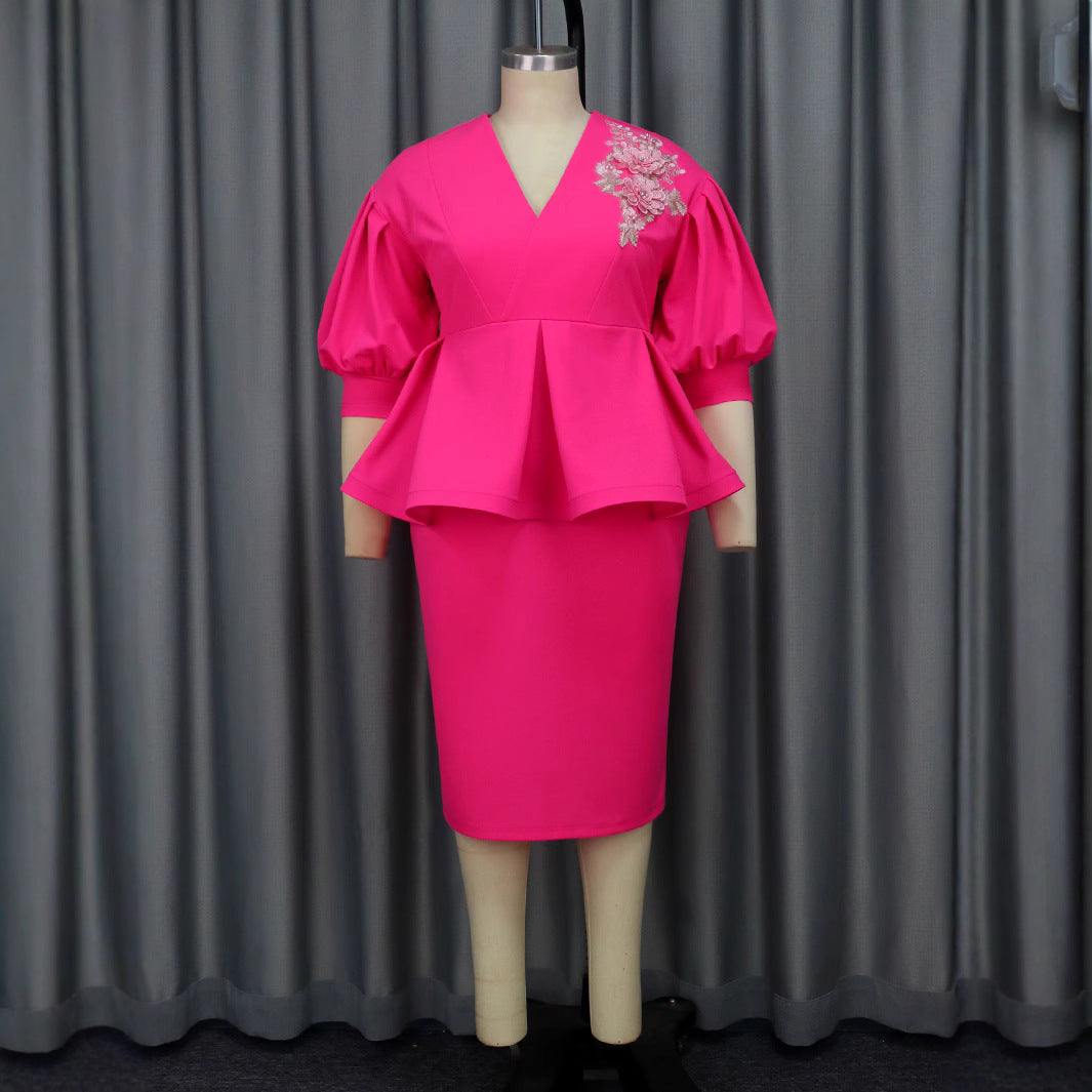 Damen elegantes A-Linien Kleid mit modischen Puffärmeln und floralem Akzent R&B
