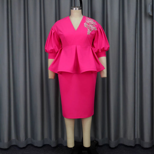 Damen elegantes A-Linien Kleid mit modischen Puffärmeln und floralem Akzent R&B