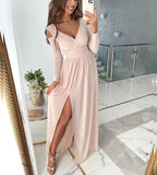 Damen Maxi-Kleid mit tiefem V-Ausschnitt und Schlitz R&B