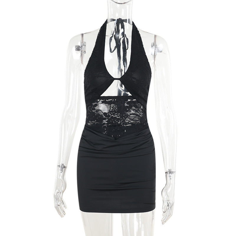 Damen sexy Minikleid mit detailreichem Spitzeinsatz und figurbetonter Silhouette R&B
