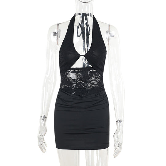 Damen sexy Minikleid mit detailreichem Spitzeinsatz und figurbetonter Silhouette R&B