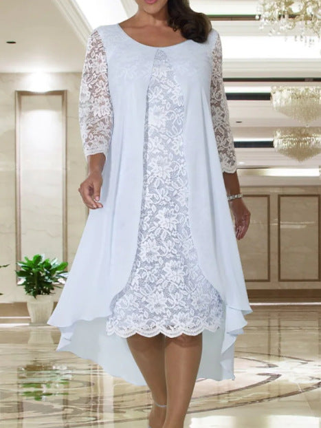 Damen nan elegantes Chiffon-Spitzenkleid mit Vokuhila-Überwurf und dreiviertelärmeln R&B