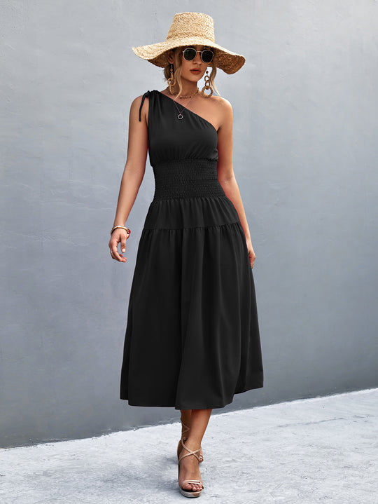 Damen Midikleid mit schnörkellosem Ein-Schulter-Design und elastischem Taillenband R&B