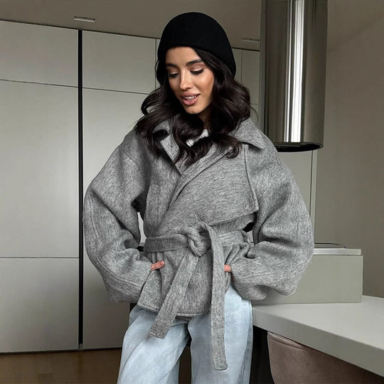 Damen elegante Oversized-Wolljacke mit Gürtel R&B