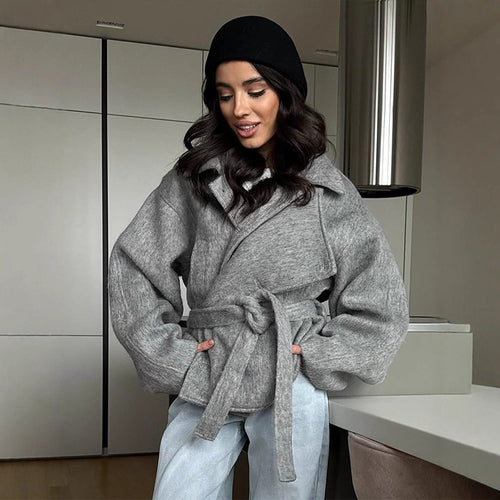 Damen elegante Oversized-Wolljacke mit Gürtel R&B