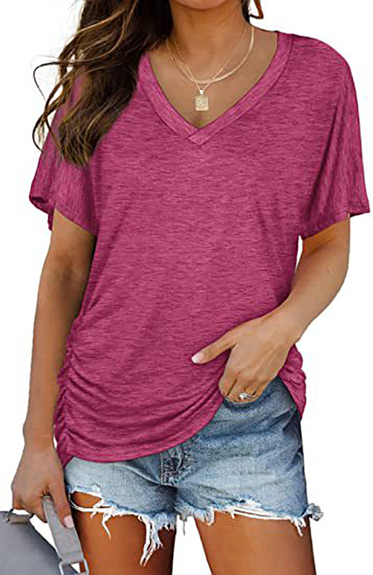 Damen V-Ausschnitt T-Shirt mit dekorativem Raffungseffekt R&B