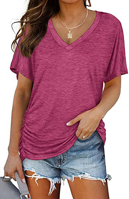 Damen V-Ausschnitt T-Shirt mit dekorativem Raffungseffekt R&B