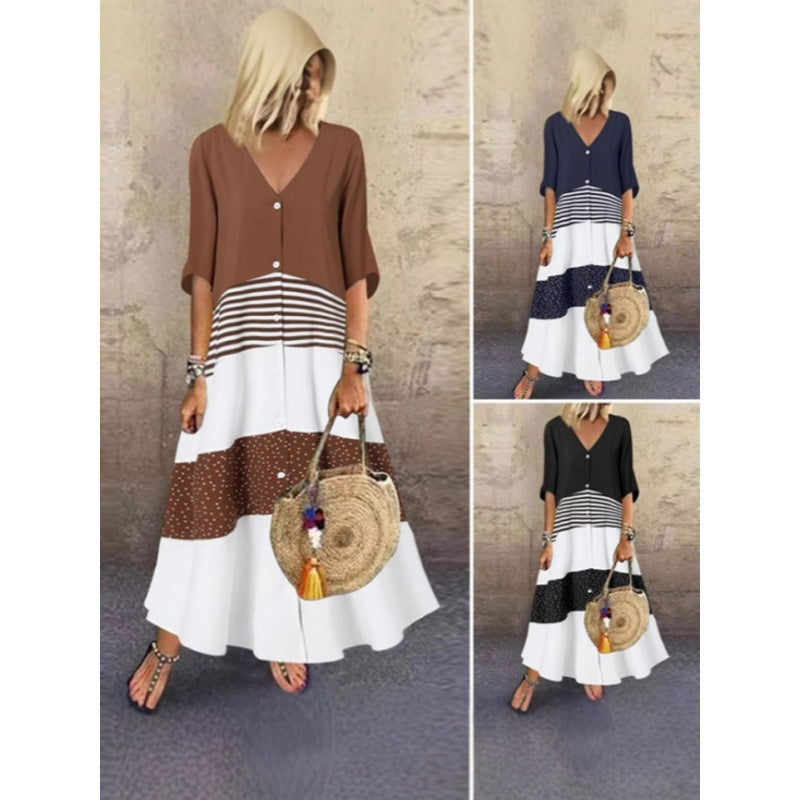 Damen Maxikleid mit Knopfverschluss und dekorativen Mustern R&B