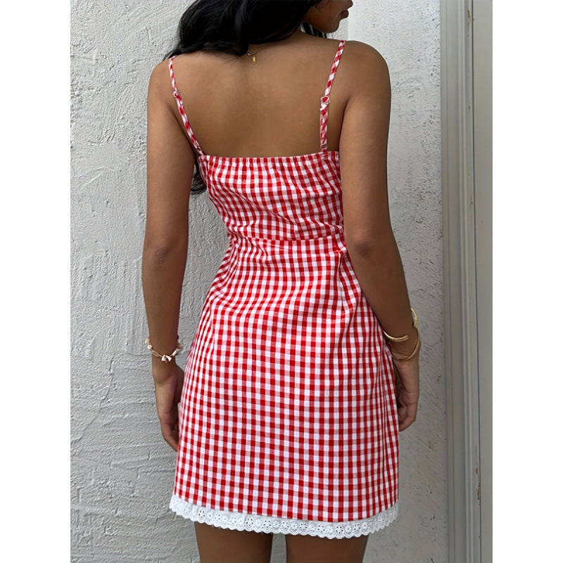 Damen Sommerliches Vichykleid mit Schnürung und Spitzenabschluss R&B