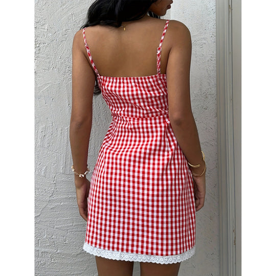 Damen Sommerliches Vichykleid mit Schnürung und Spitzenabschluss R&B