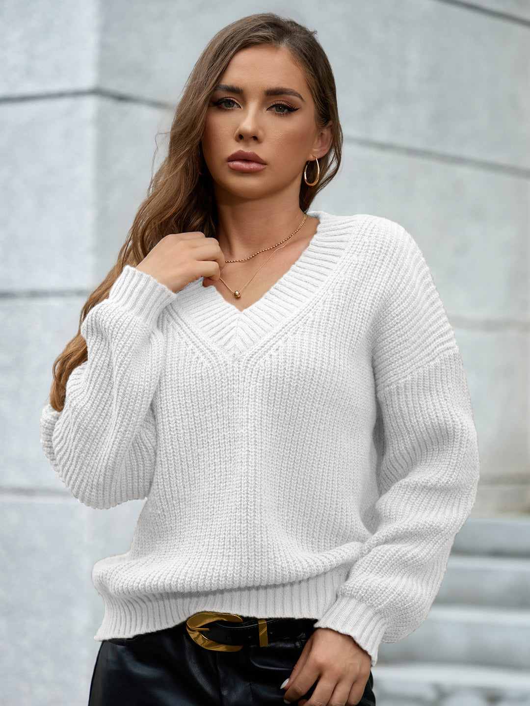 Damen gemütlicher V-Ausschnitt Strickpullover mit lockerem Schnitt und strukturiertem Muster R&B