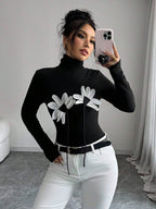 Damen Langarm-Bodysuit mit floralem Schnitt und hohem Kragen R&B
