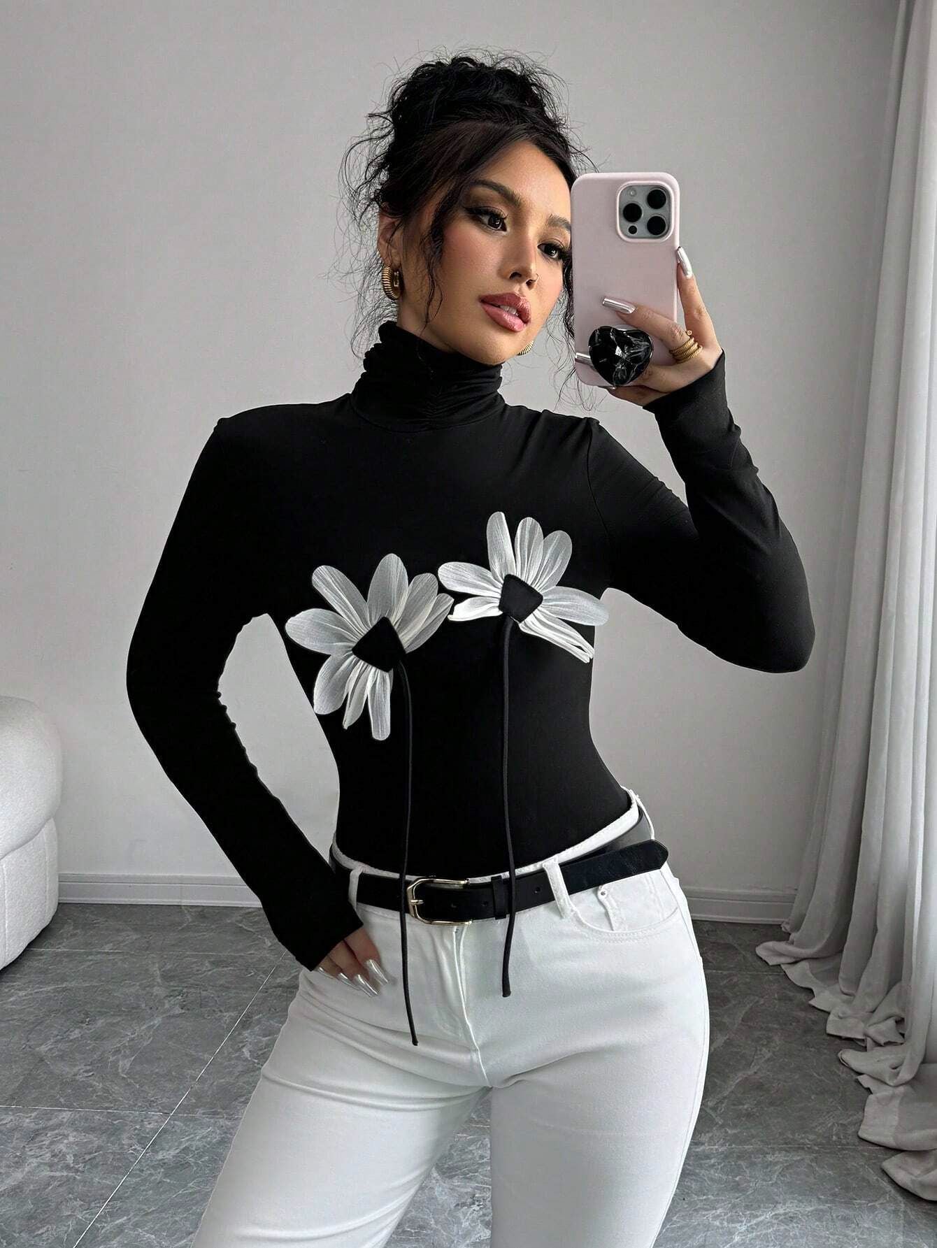 Damen Langarm-Bodysuit mit floralem Schnitt und hohem Kragen R&B