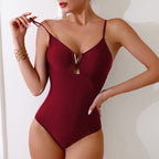 Damen Einteiler Badeanzug mit V-Ausschnitt und modischem Schmuckdetail R&B