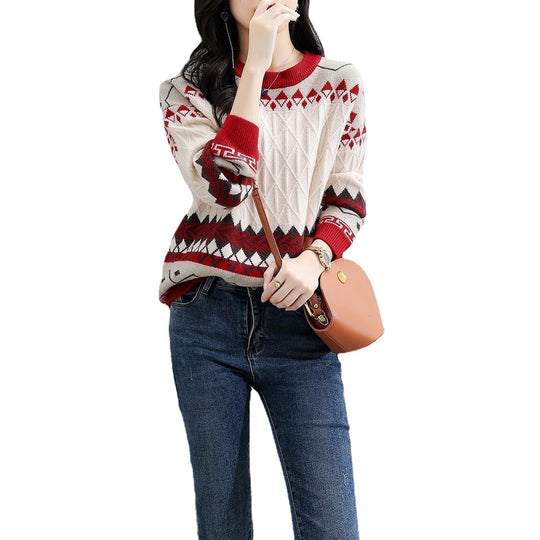 Damen Grob gestrickter Pullover mit geometrischem Muster und Rundhalsausschnitt R&B