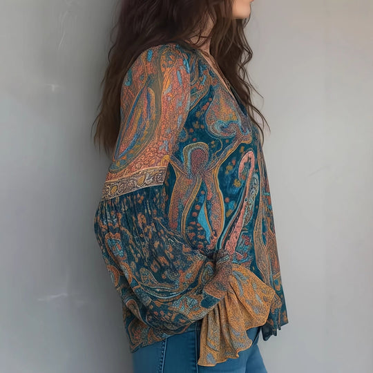 Damen Boho-Chic Bluse mit geflammten Ärmeln und V-Ausschnitt R&B