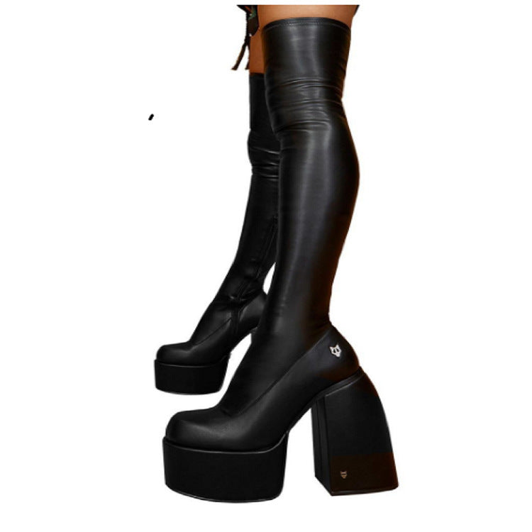 Damen Überknee-Stiefel mit klobigem Blockabsatz und elastischem Obermaterial R&B
