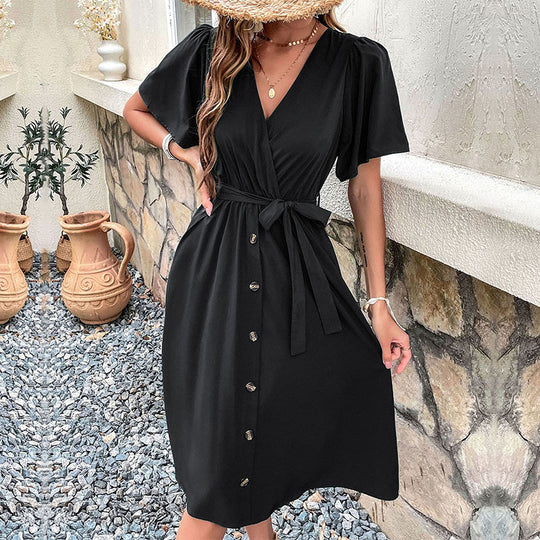 Damen Midi-Kleid mit eleganter Wickeloptik und praktischen Knopfdetails R&B