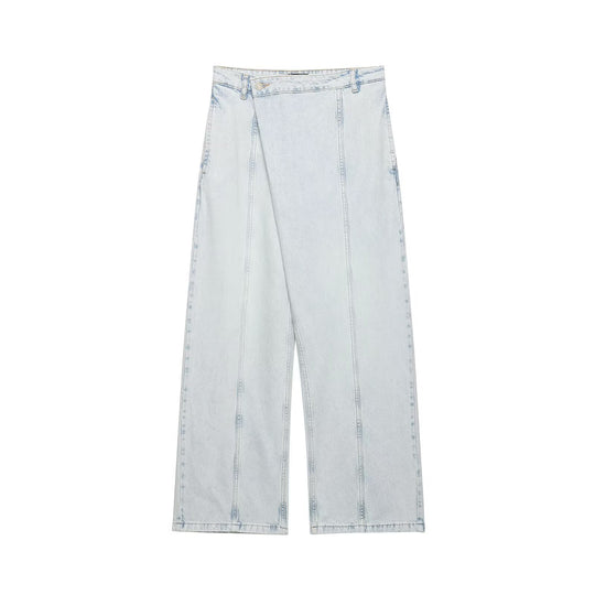 Damen weite Denim-Hose mit hohem Bund und asymmetrischem Schnitt R&B