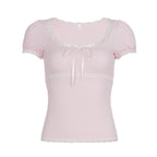Damen Kurzarm Top mit Rüschendetails und verspieltem Kordelzug R&B
