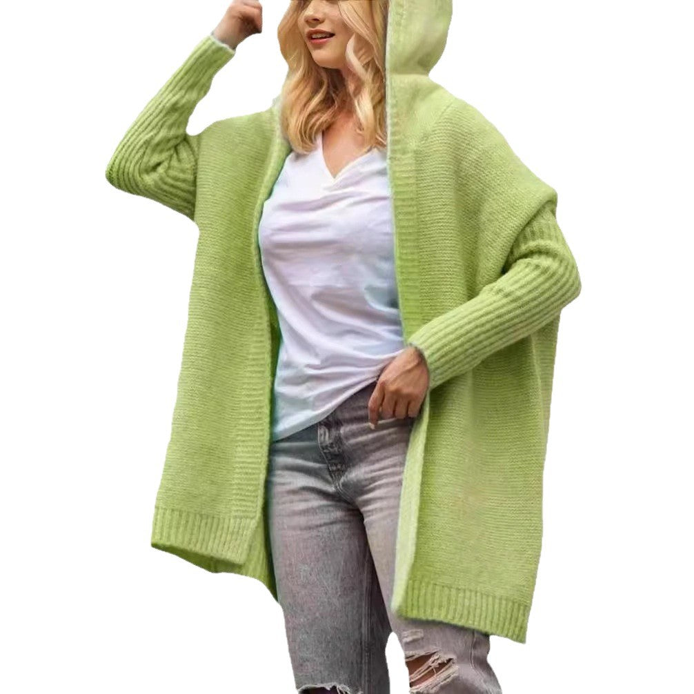 Damen lässiger Strickcardigan mit Kapuze und großen Taschen R&B