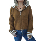 Damen kuschelige Strickjacke mit stilvollem Reißverschluss und modischen Streifen R&B