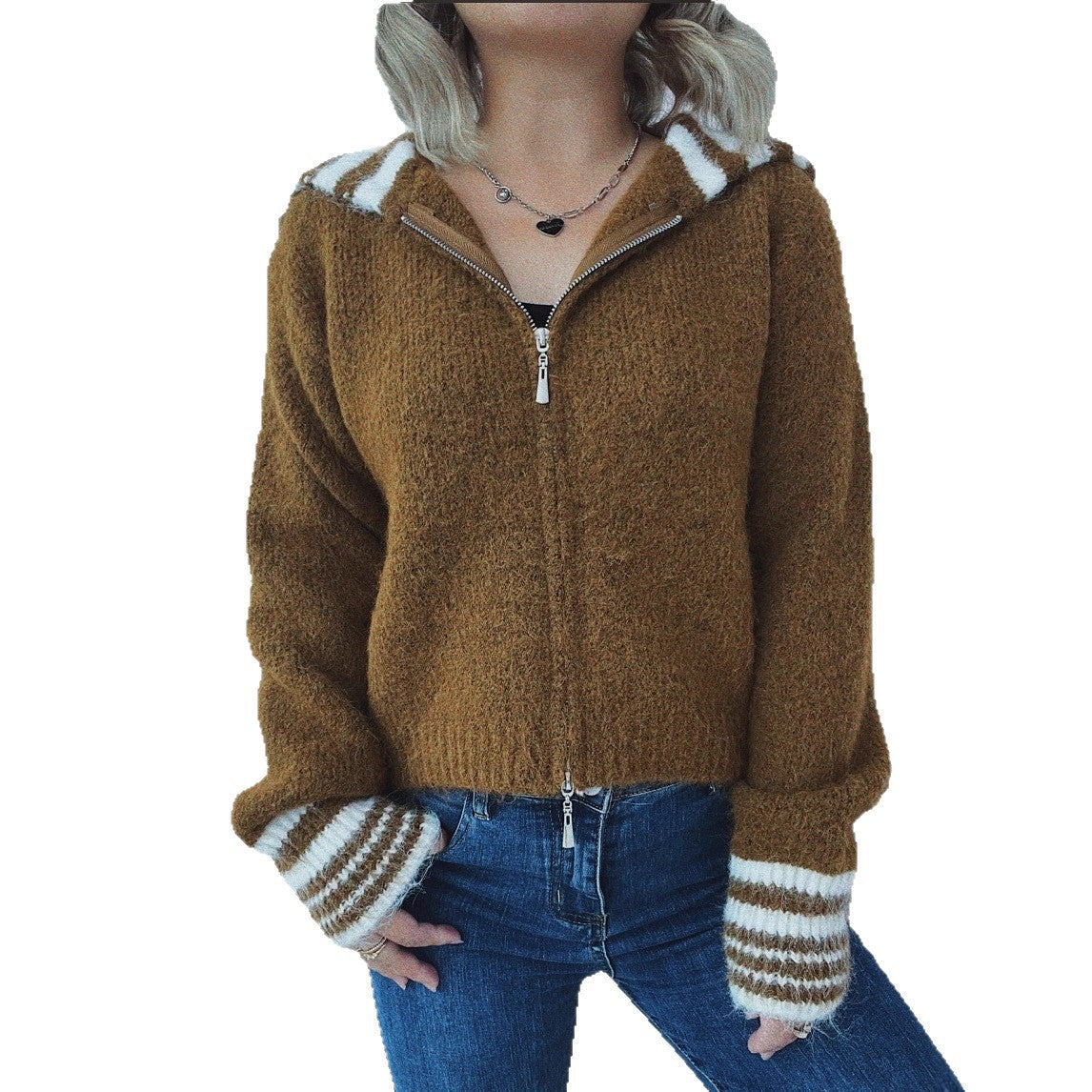 Damen kuschelige Strickjacke mit stilvollem Reißverschluss und modischen Streifen R&B