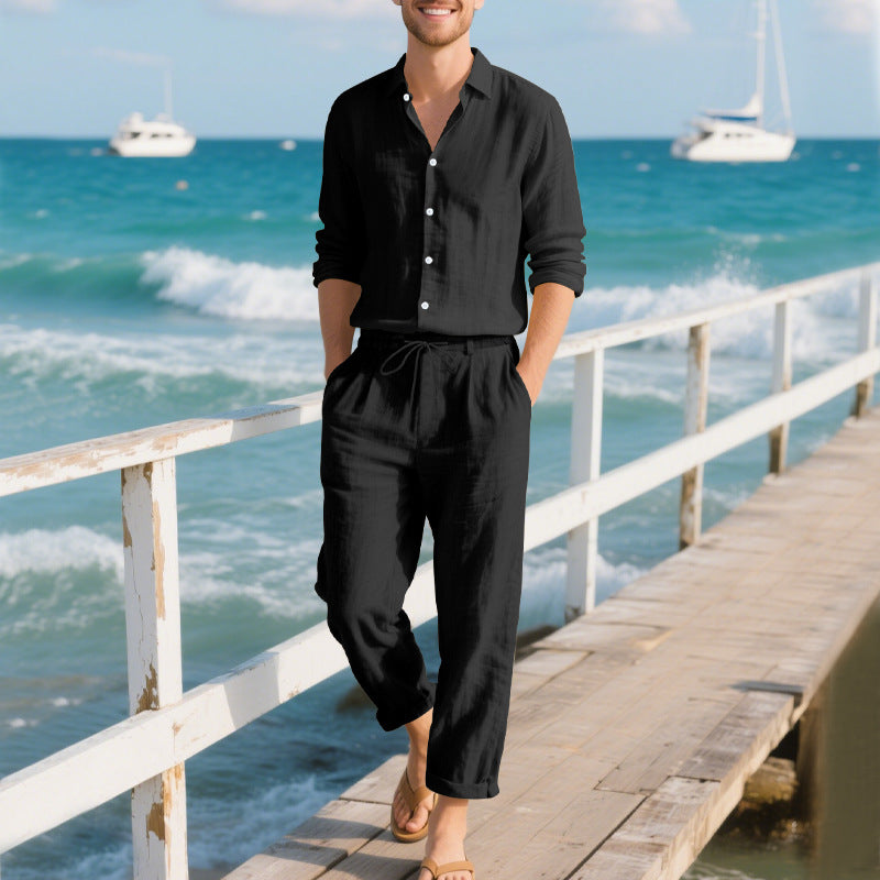 Herren entspannte Leinenhose mit verstellbarem Kordelzug und elastischem Bund R&B