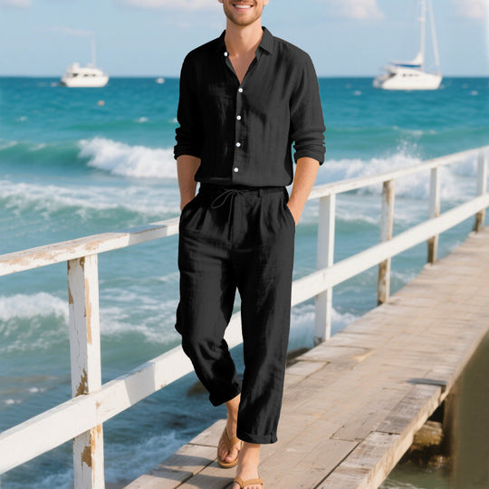 Herren entspannte Leinenhose mit verstellbarem Kordelzug und elastischem Bund R&B