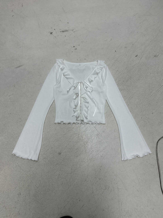 Damen Raffiniertes Langarm-Oberteil mit Volantdetails und Bindeverschluss R&B