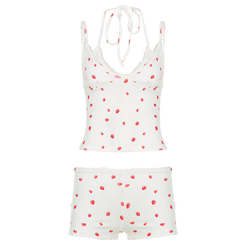 Damen Pyjama-Set mit verspieltem Früchte-Muster und Spaghetti-Trägern R&B