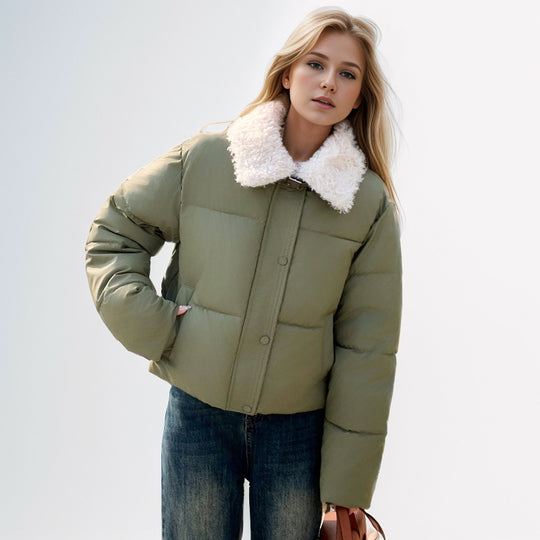 Damen kurze, gefütterte Winterjacke mit elegantem Kunstfellkragen R&B
