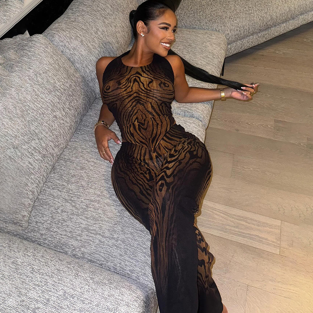 Damen transparentes Langarmkleid mit modernem Muster R&B