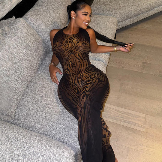 Damen transparentes Langarmkleid mit modernem Muster R&B