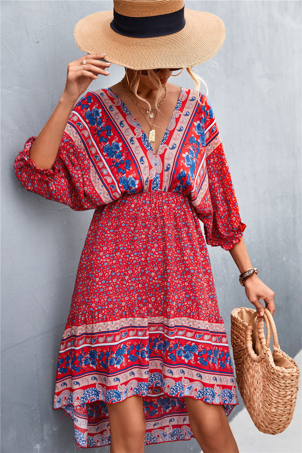 Damen Langarmkleid mit boho-inspiriertem Druck und elastischem Bund R&B