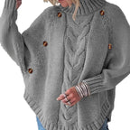 Damen Lockere Strickpullover mit hohem Kragen und dekorativen Knöpfen R&B