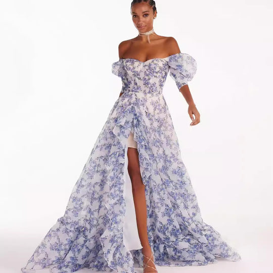 Damen Festliches Maxikleid mit schulterfreiem Design und floralen Rüschendetails R&B